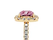 Cushion Cut Pave Halo Engagement Ring Setting for a Fancy Pink Lab-Grown Diamond | Pave Band | Yellow Gold