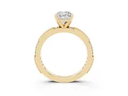Cushion Cut Diamond Solitaire Ring Set in Yellow gold with Slim Pavé Band and Prong Setting