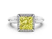 Fancy Yellow Princess Cut Diamond Halo Engagement Ring Set in White gold with Plain Split Shank and Prong Setting
