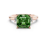 Fancy Green Three-Stone Asscher Cut Diamond Ring Set in Rose gold with Prong Setting and Plain Band