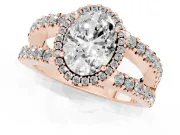 Oval Cut Diamond Halo Ring Set in Rose gold with Pavé Split Shank and Prong Setting