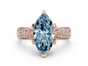 Fancy Blue Marquise Cut Diamond Solitaire Ring Set in Rose gold with Milgrain Double Row Round Pavé Band