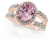 Fancy Pink Oval Cut Diamond Halo Ring Set in Rose gold with Pavé Split Shank and Prong Setting