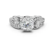 Cushion Cut Vintage Swirl Engagement Ring Setting | Bezel Side Accents | White Gold