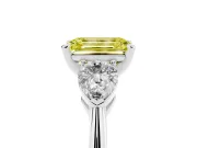 Fancy Yellow Three-Stone Emerald Cut Diamond Ring Set in Silver with Pear Side Stones and Prong Setting