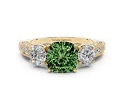 Fancy Green Cushion Cut Diamond Three-Stone Ring Set in Yellow gold with Round Side Stones and Pavé Band