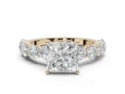 Princess Cut Side Stone Engagement Ring Setting | Scalloped Prong Accents | Yellow Gold