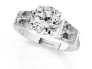 Round Cut Diamond Engagement Ring Set in Silver with Baguette Side Stones and Channel Set Band
