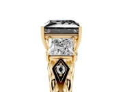 Fancy Black Princess Cut Diamond Three-Stone Ring Set in Yellow gold with Braided Band