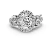 Oval Cut Diamond Halo Ring Set in Silver with Milgrain Pavé Band and Prong Setting