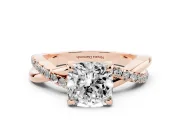 Cushion Cut Diamond Twist Band Solitaire Set in Rose gold with Pavé Accents and Prong Setting