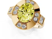 Fancy Yellow Oval Cut Diamond Milgrain Halo Ring Set in Yellow gold with Split Shank