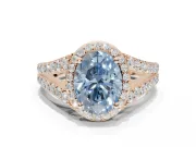 Oval Halo Pavé Engagement Ring Setting for a Fancy Blue Lab-Grown Diamond | Narrow Split Shank | Rose Gold