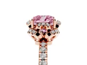 Fancy Pink Cushion Cut Diamond Halo Pavé Band Ring Set in Rose gold with Prong-Held Center
