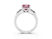 Fancy Pink Asscher Cut Diamond Solitaire Ring Set in White gold with Tapered Baguette Side Stones and Prong Setting