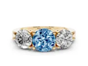 Round Three Stone Engagement Ring Setting for a Fancy Blue Lab-Grown Diamond | Large Round Side Stones | Yellow Gold
