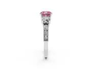 Fancy Pink Cushion Cut Diamond Three-Stone Ring Set in White gold with Round Side Stones and Pavé Band