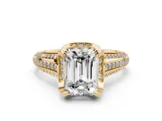Emerald Cut Hidden Halo Engagement Ring Setting | Triple Row Pavé Band | Yellow Gold