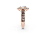 Oval Cut Diamond Halo Engagement Ring Set in Rose gold with Split Shank and Prong Setting