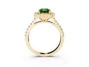 Fancy Green Radiant Cut Diamond Milgrain Floral Halo Engagement Ring Set in Yellow gold with Pavé Band