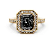 Fancy Black Radiant Cut Diamond Halo Engagement Ring Set in Yellow gold with Pavé Band and Round Halo Stones