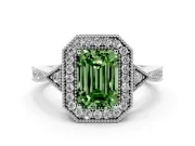 Fancy Green Emerald Cut Diamond Halo Engagement Ring Set in Silver with Milgrain Pavé Band