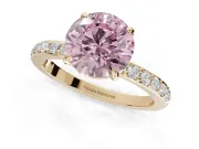 Round Hidden Halo Engagement Ring Setting for a Fancy Pink Lab-Grown Diamond | Pavé Band | Yellow Gold