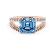 Fancy Blue Asscher Cut Diamond Split Shank Ring Set in Rose gold with Pavé Band and Prong Setting