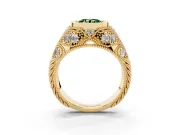 Fancy Green Round Cut Diamond Bezel Ring Set in Yellow gold with Milgrain Accent Band
