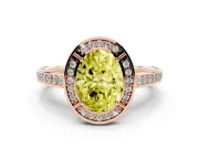 Fancy Yellow Oval Cut Diamond Halo Pavé Split Shank Ring Set in Rose gold with Prong Setting