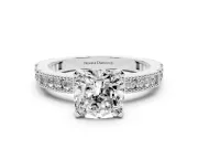 Cushion Cut Diamond Solitaire Ring Set in White gold with Slim Pavé Band and Prong Setting