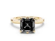 Fancy Black Asscher Cut Diamond Solitaire Engagement Ring Set in Yellow gold with Slim Tapered Solitaire Band