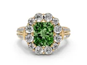 Fancy Green Radiant Cut Diamond Halo Engagement Ring Set in Yellow gold with Split Shank and Prong Setting