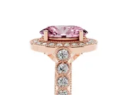 Fancy Pink Oval Cut Diamond Milgrain Halo Solitaire Ring Set in Rose gold with Bezel Set Side Stones and Pavé Band
