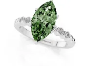 Fancy Green Marquise Cut Diamond Solitaire Engagement Ring Set in White gold with Bezel Accents on Beaded Band