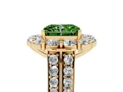 Fancy Green Radiant Cut Diamond Halo Engagement Ring Set in Yellow gold with Split Shank and Prong Setting