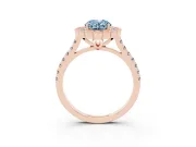 Fancy Blue Oval Cut Diamond Milgrain Floral Halo Engagement Ring Set in Rose gold with Pavé Band