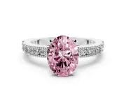 Fancy Pink Oval Cut Diamond Solitaire Ring Set in White gold with Slim Pavé Band and Prong Setting