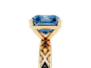 Fancy Blue Asscher Cut Diamond Solitaire Ring Set in Yellow gold with Milgrain and Black Enamel X Pattern Band