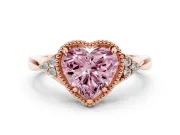 Fancy Pink Heart Cut Diamond Milgrain Solitaire Ring Set in Rose gold with Tapered Pavé Band and Prong Setting
