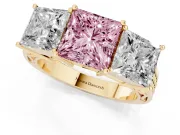 Princess Cut Three Stone Engagement Ring Setting for a Fancy Pink Lab-Grown Diamond | Beaded Shoulders | Yellow Gold