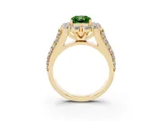Fancy Green Radiant Cut Diamond Halo Engagement Ring Set in Yellow gold with Split Shank and Prong Setting