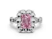 Emerald Cut Floral Engagement Ring Setting for a Fancy Pink Lab-Grown Diamond | Petal Frame and Side Stones | Platinum