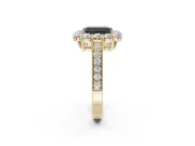 Fancy Black Emerald Cut Lab-Grown Diamond Halo Pavé Engagement Ring Set in Yellow Gold with Milgrain Detailing