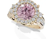 Round Halo Engagement Ring Setting for a Fancy Pink Lab-Grown Diamond | Side Clusters | Yellow Gold