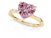 Fancy Pink Heart Cut Diamond Solitaire Ring Set in Yellow gold with Bamboo Band and Prong Setting