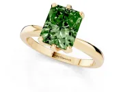 Fancy Green Radiant Cut Diamond Solitaire Engagement Ring Set in Yellow gold with Slim Tapered Solitaire Band