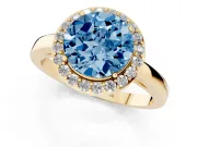 Fancy Blue Round Cut Diamond Halo Ring Set in Yellow gold with Solitaire Band and Prong Setting