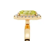 Fancy Yellow Emerald Cut Diamond Halo Solitaire Ring Set in Yellow gold with Pavé Band and Prong Setting