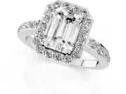 Emerald Cut Diamond Halo Ring Set in Platinum with Pavé-Setting Band and Open Prong Center
